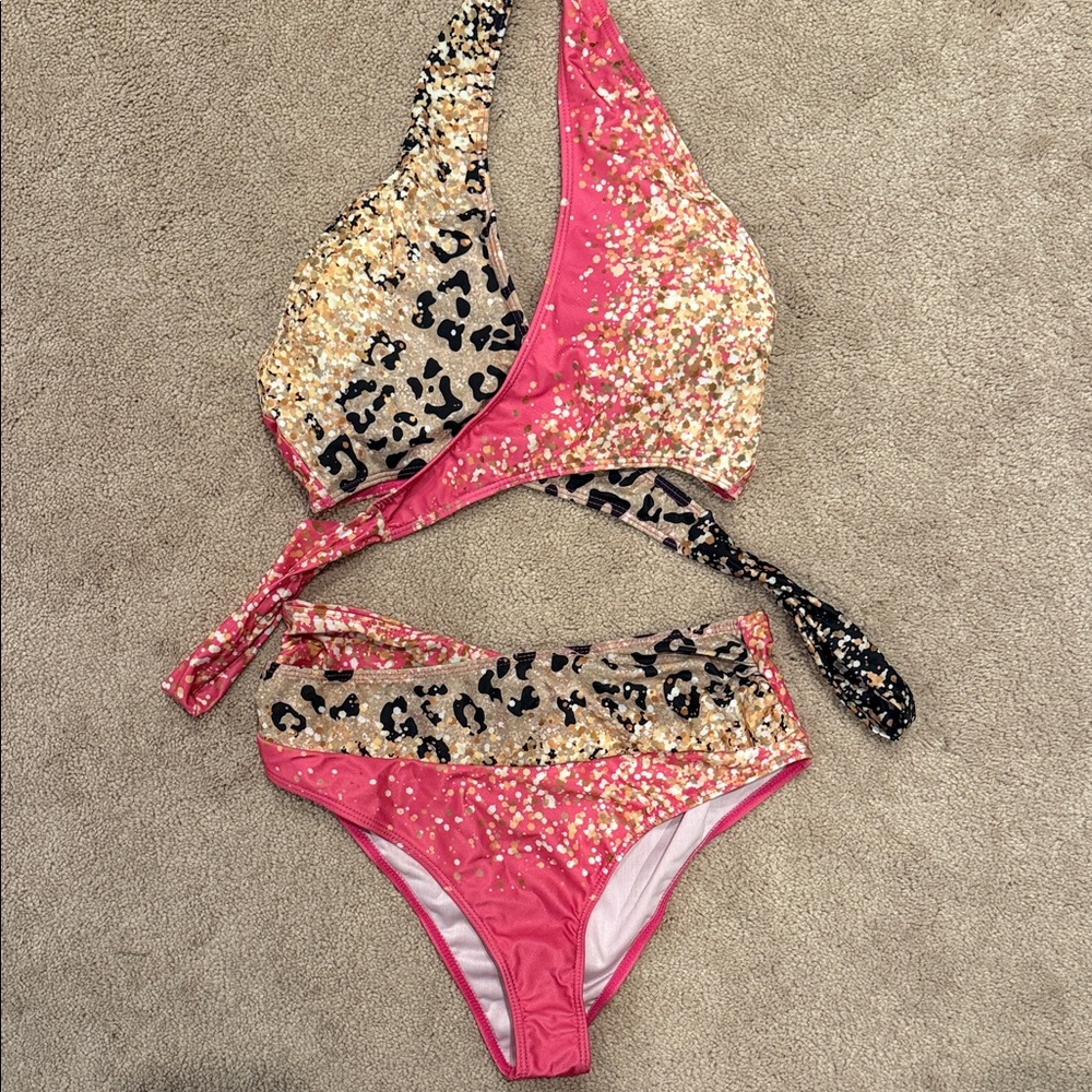 SHEIN Pink and Gold Leopard Bikini